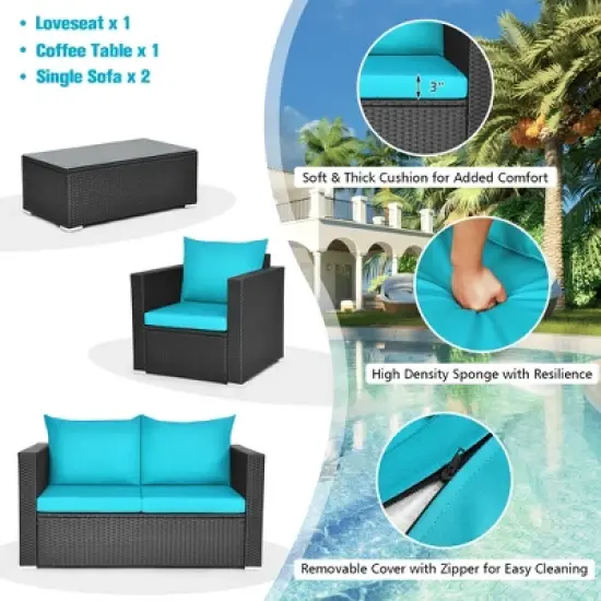 Costway 4PCS Patio Rattan Cushioned Sofa Chair Coffee Table Turquoise image {6}