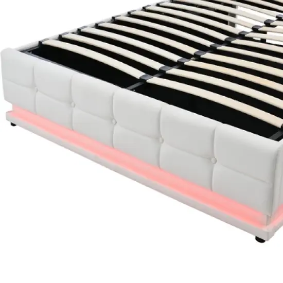 Queen Size PU Tufted Upholstered Platform Bed with Hydraulic Storage System, LED Lights and USB charger-ModernLuxe image {11}