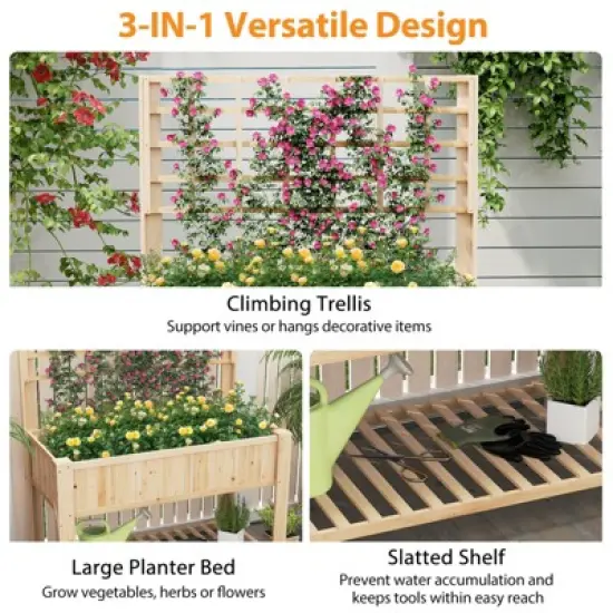 Tangkula Raised Garden Bed w/ Trellis Wooden Elevated Planter Box w/ Legs & Liner Natural image {4}