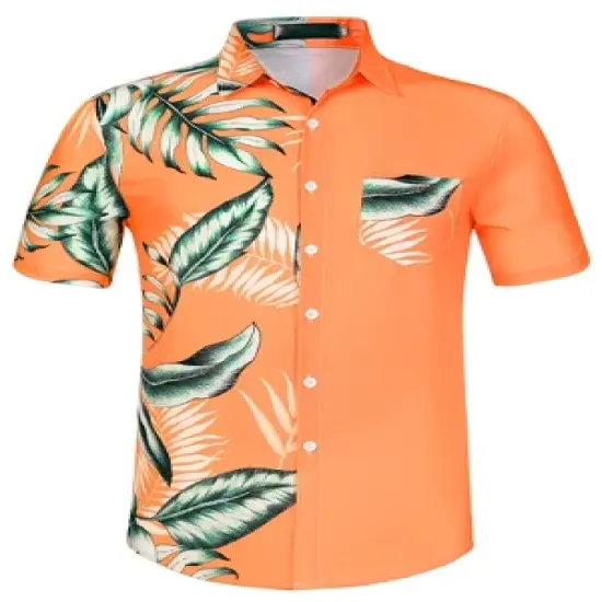 Lars Amadeus Men's Summer Patchwork Hawaiian Shirt Button Down Pocket Leaf Printed Shirts image {7}