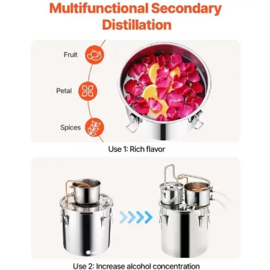 VEVOR Alcohol Still, 8 Gal / 30 L Stainless Steel Water Alcohol Distiller with Copper Coil for Fast Cooling, Dual Condenser Distiller Kit, Silver image {4}