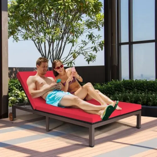 Costway 2-Person Patio Rattan Lounge chair Chaise Recliner Adjustable Cushioned Red image {4}