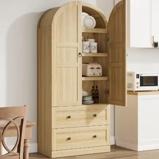 72" Tall Arched Kitchen Pantry Cabinet, Farmhouse Wood Pantry Storage Cabinet with Drawers, Door, Freestanding Versatile Pantry Cabinets image {8}