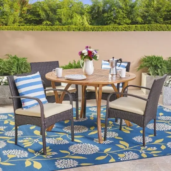 Christopher Knight Home Chilton Outdoor Acacia Wood and Wicker 5 Piece Dining Set with Cushion image {1}