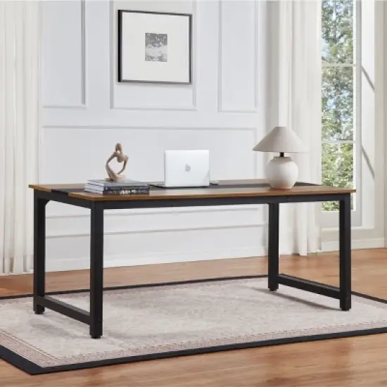 GlasFlength Desks Metal Frame Rustic Computer Desk Gaming Desk Home Office Desk Simple Design for Small Spaces, Brown, 70.87"*31.5"*29.13" image {1}