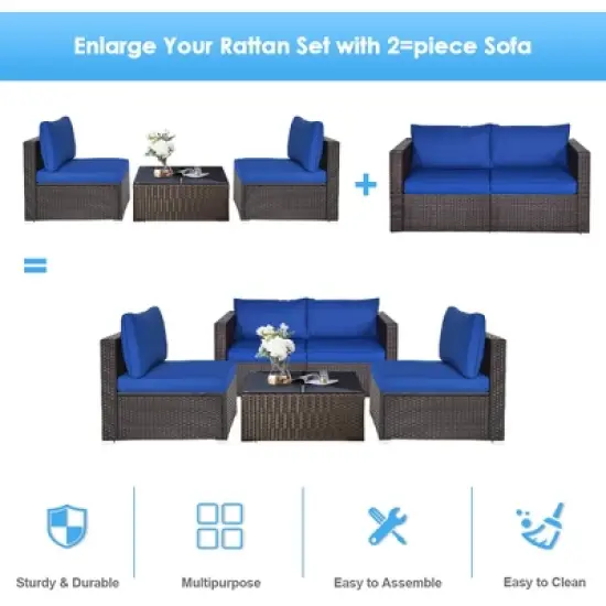 Tangkula 4PCS Rattan Corner Sofa Set Patio Outdoor Furniture Set w/ Navy Cushions image {6}