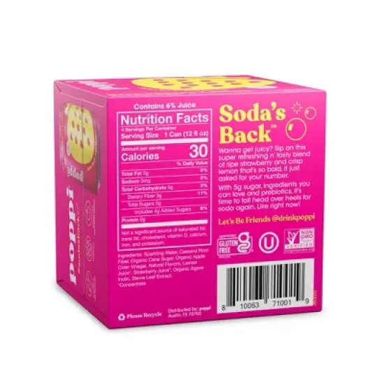 Poppi Strawberry Lemon Prebiotic Beverage - 4pk/12 fl oz Cans image {1}