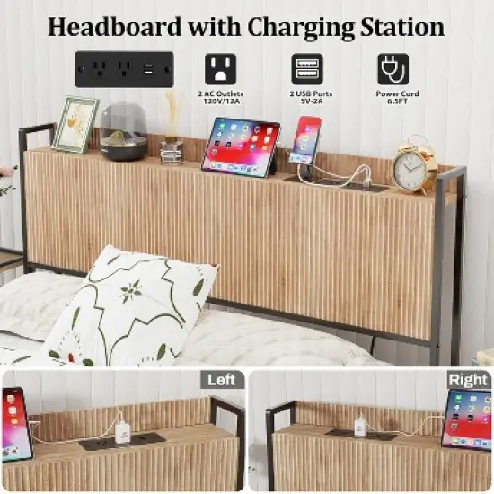 Boersma Twin Size Fluted Headboard with Outlets, Wall Mount Wood Headboard with Storage, Height Adjustable, Storage Rack, Sturdy and Stable image {5}