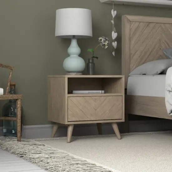 eLuxury Chevron Wood Nightstand with Drawer image {7}