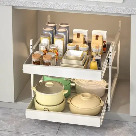 Carbon Steel Kitchen Retractable Storage Rack Punch-Free Drawer-Style Cabinet Dishes And Spice Pull-Out Basket image {4}
