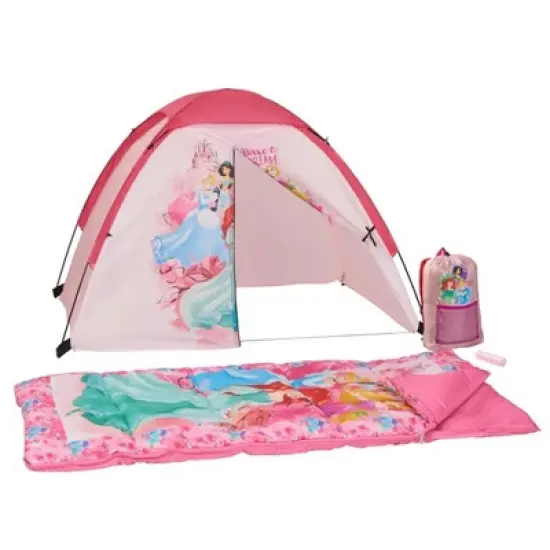 Exxel Outdoors Disney Kids 4 Piece Princess Camping Kit with Floorless Dome Tent, Youth Sized Sleeping Bag, Backpack, and LED Flashlight image {1}