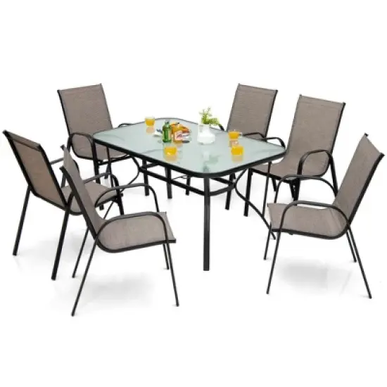 Costway 7PCS Patio Dining Set 6 Stackable Chairs Glass Table Umbrella Hole Yard image {3}