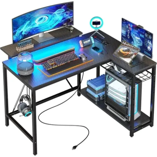Bestier 42" Reversible L-Shaped Gaming Desk with Power Outlets LED Lights and Monitor Stand &Storage Shelves & Hooks for Bedrooms & Home Offices image {8}