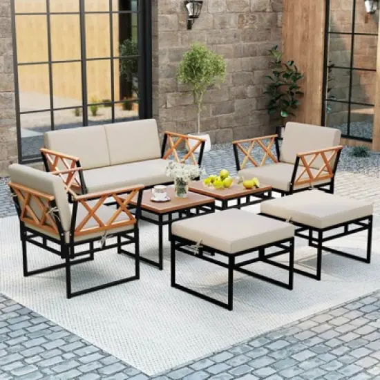 Costway 7 PCS Outdoor Conversation Set Acacia Wood Chairs & Coffee Tables Set with Ottomans image {10}