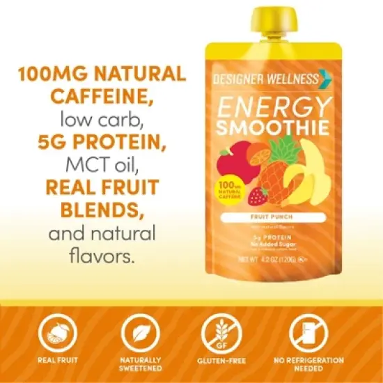 Designer Wellness Energy Smoothie, Real Fruit, 100mg Natural Caffeine, 5g Protein, Low Carb, Zero Added Sugar, Gluten-Free, Fruit Punch, 12 Count image {2}