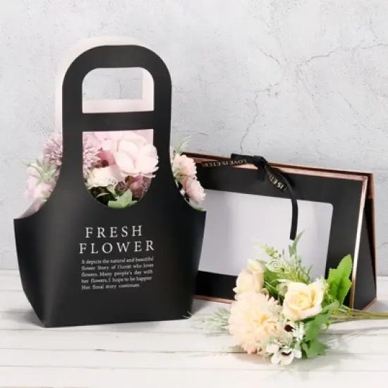 Unique Bargains Paper Gift Bag with Transparent Window 5 Pack Bouquet Packaging Bag Black 10.5x3.5x6 Inch image {4}