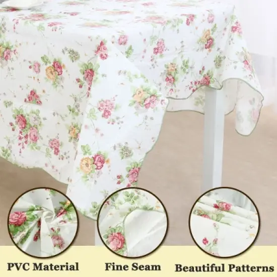 PiccoCasa Square Vinyl Water Oil Resistant Printed Tablecloths Pink Rose 35"x35" image {3}