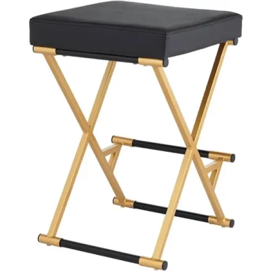 55 Downing Street Metal Bar Stool Gold 25" High Mid Century Modern Black Faux Leather Cushion with Footrest for Kitchen Counter Height Island Home image {7}