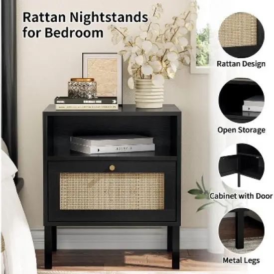 Angel Sar Rattan Nightstands Set of 2, Accent End Table, Boho Bedside Table with 1 Hand Made Decorated Door for Living Room, Bedroom image {3}