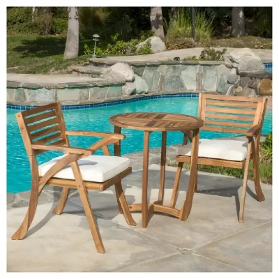Coronado 3pc Acacia Wood Patio Bistro Set with Cushions - Teak Finish - Christopher Knight Home: Outdoor Dining Furniture with Weather-Resistant Frame image {2}