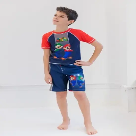 SUPER MARIO Nintendo Luigi Mario Rash Guard and Swim Trunks Outfit Set Little Kid to Big Kid image {1}