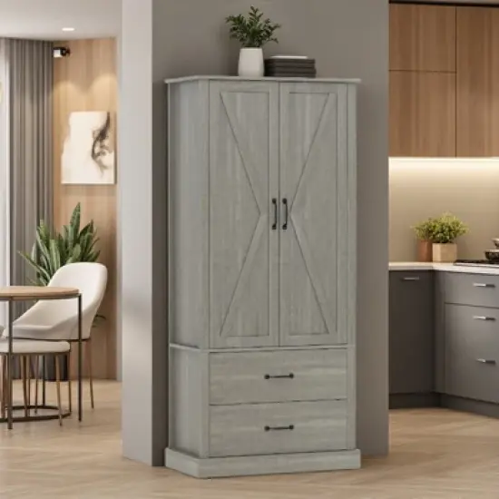 Freestanding Tall Kitchen Pantry Cabinet with Doors, Shelves & Microwave Stand, Versatile Hutch Cabinet for Kitchen Living Room Storage image {3}