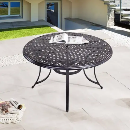 48" Round Aluminum Casting Patio Dining Table with Umbrella Hole - Black - WELLFOR image {6}