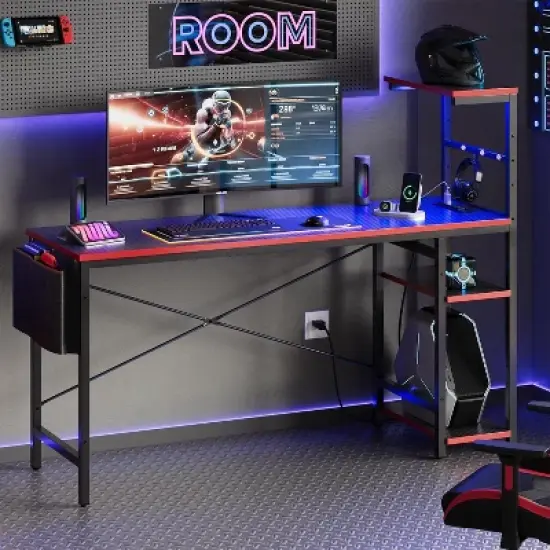 Bestier 61" Reversible Gaming Computer Desk with Power Outlet LED Desk with 4 Tier Shelves image {5}