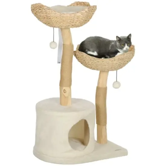 PawHut 37 Inch Modern Cat Tree w/ Wooden Scratching Posts, Condo, Beds, Cushions, Toy Balls, Anti-Tip Kit for Indoor Adult Cats & Kittens, Cream White image {6}