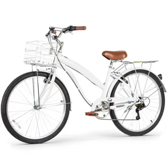 hykolity 26 inch Cruiser Bike Beach Bicycle City Bike Commuter Cycling 7 Speed for Adult Women Height 60-72 inch Front Basket Rear Rack Pale White image {6}