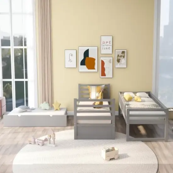 Twin Over Twin Wood Bunk Bed with Safety Rail and Movable Trundle-ModernLuxe image {5}