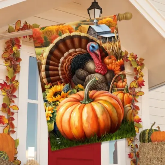 Briarwood Lane Fall Thanksgiving House Flag 40x28 For Outdoor Wild Turkey and Pumpkins For Thanksgiving House Flag image {3}