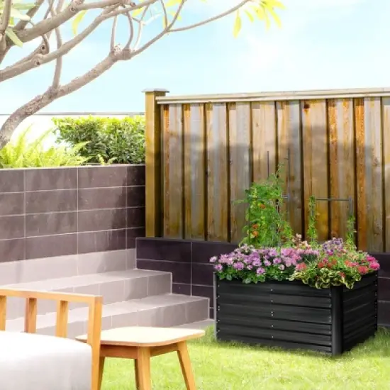 Outsunny Raised Garden Bed, Galvanized Elevated Planter Box with 2 Trellis Tomato Cages, Reinforcing Rods, 4' x 3' x 2', Black image {1}