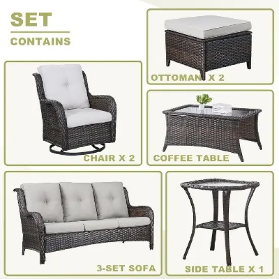 7 Piece Patio Furniture Set with Swivel Chairs, Rattan Wicker Outdoor Conversation Set with Patio Couch Swivel Chair Coffee Table End Table Ottoman image {7}