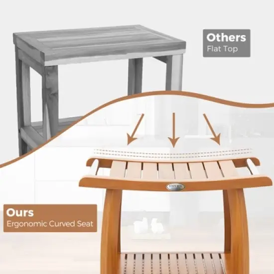 Tangkula Teak Wood Shower Bench 2-Tier Wooden Shower Stool w/ Curved Seat Handles Large image {5}