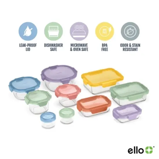 Ello 20pc Color Lock Mixed Food Storage Container Set: Glass & Polypropylene, Multicolored, Microwave & Oven-Safe image {3}