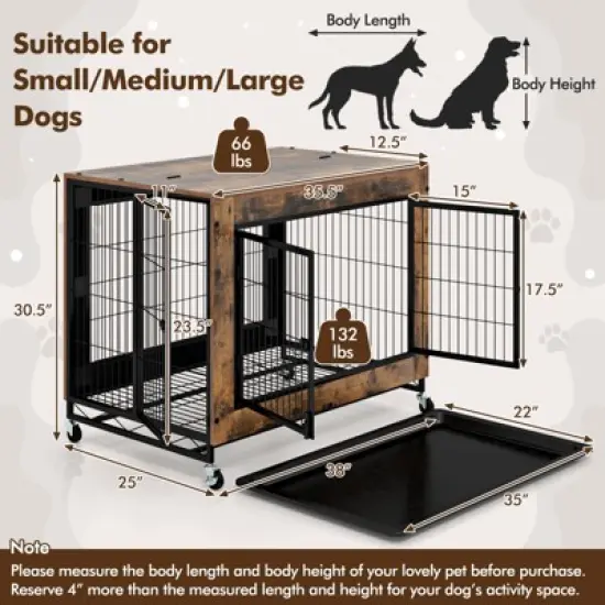 Costway 38&rdquo; Heavy-Duty Rolling Dog Kennel on Wheels w/ Chew-Resistant Indoor Pet Furniture Wood Dog House Rustic Brown image {2}