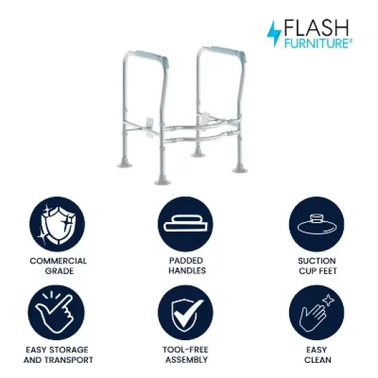 Flash Furniture HERCULES Adjustable Toilet Safety Rail with Silver Steel Frame, Gray Padded Handles and Suction Cup Feet for Stability image {1}