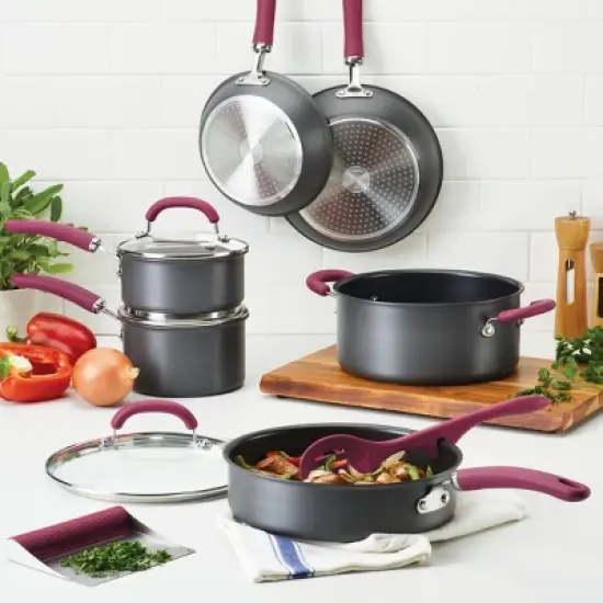 Rachael Ray Create Delicious 11pc Hard Anodized Nonstick Cookware Set Burgundy Handles image {1}