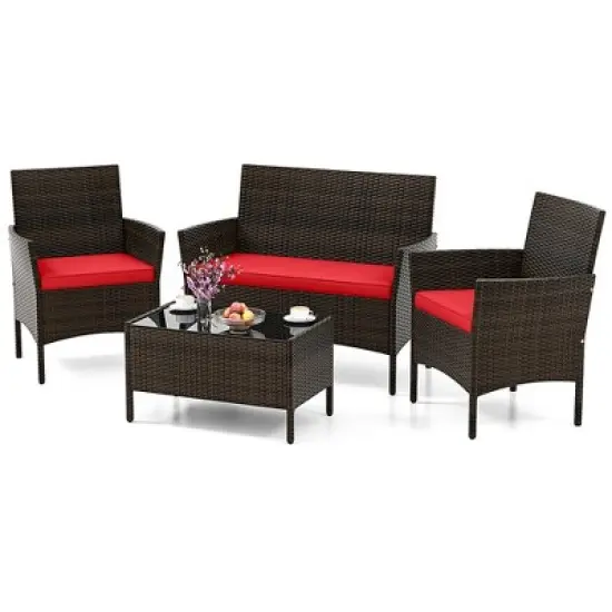Tangkula 4 Piece Patio Rattan Conversation Set Outdoor Wicker Furniture Set with Chair Loveseat & Tempered Glass Table Cozy Seat Cushions image {10}