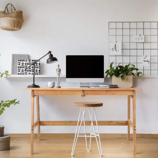 Itopfox Modern Bamboo Computer Desk with 2 Drawers, Home Office Study Table, Simple Makeup Workstation for Gaming, Dressing, and Working image {2}