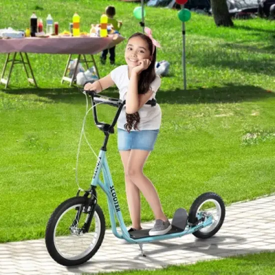 53.30"Youth Scooter, Teens Kick Scooter, Adjustable Handlebar Ride On Toy for 5+ with 16" Front and 12" Rear Dual Brakes Inflatable, Blue image {2}