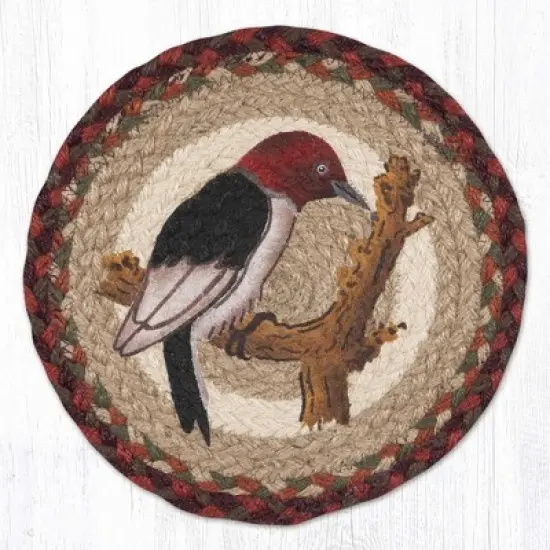 Earth Rugs Woodpecker Round Trivet &ndash; 10" Rustic Bird Print on Braided Natural Jute Table Mat image {3}