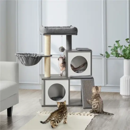 Yaheetech 35" Wooden Cat Tower Activity Center with 2 Condos - Dark Gray image {1}
