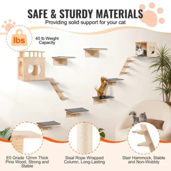 VEVOR Wall Mounted Cat Shelves, Cat Wall Shelves and Perches with Jumping Boards, Cat Beds, Hammocks & Cat Tree, Cat Furniture, Brown image {3}
