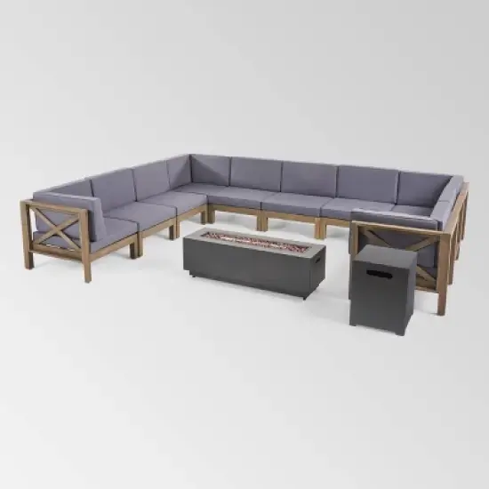 Comores 12pc Acacia U-Shaped Sectional Sofa Set with Fire Pit - Gray/Dark Gray - Christopher Knight Home image {1}