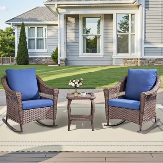 Patio Furniture Set 3 Pieces, Wicker Rocking Bistro Set with Thick Cushions, Outdoor Rocker Chairs and Coffee Table for Porch, Backyard or Garden image {8}