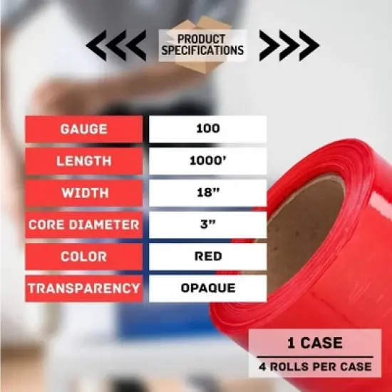 PSBM 4 Rolls Dark Red Hand Pallet Stretch Wrap, 18 in. x 1000 Ft. x 100 Gauge image {3}