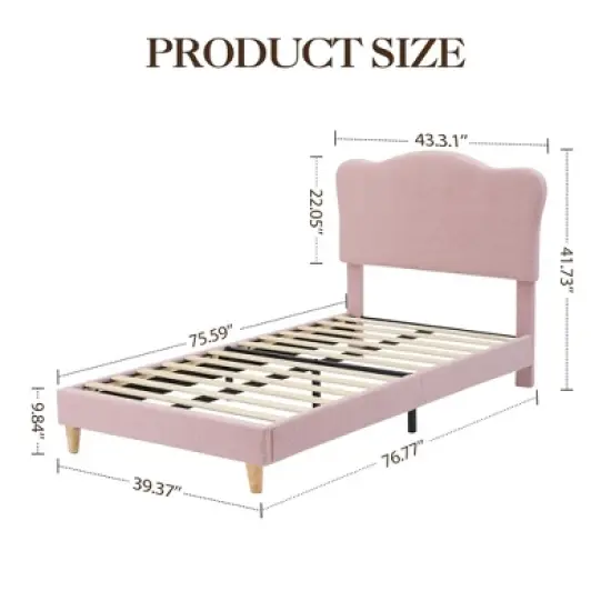 Pink Twin Bed Frame for Kids, Upholstered Platform Bed with Cute Boucle Velvet Headboard for Girls image {2}
