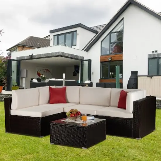 5pc Outdoor Rattan Wicker Conversation Set - Brown/Beige/Red - GODEER image {1}